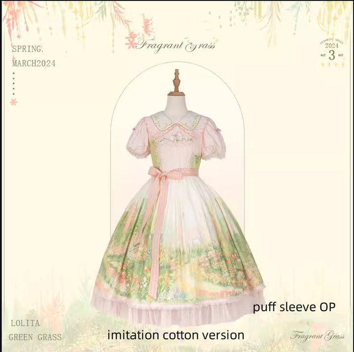 Flower and Pearl Box~Wild Flowers and Fragrant Grass~Country Lolita Dress Floral Print JSK and OP Dress Set (L M S XL XS) 35380:486606