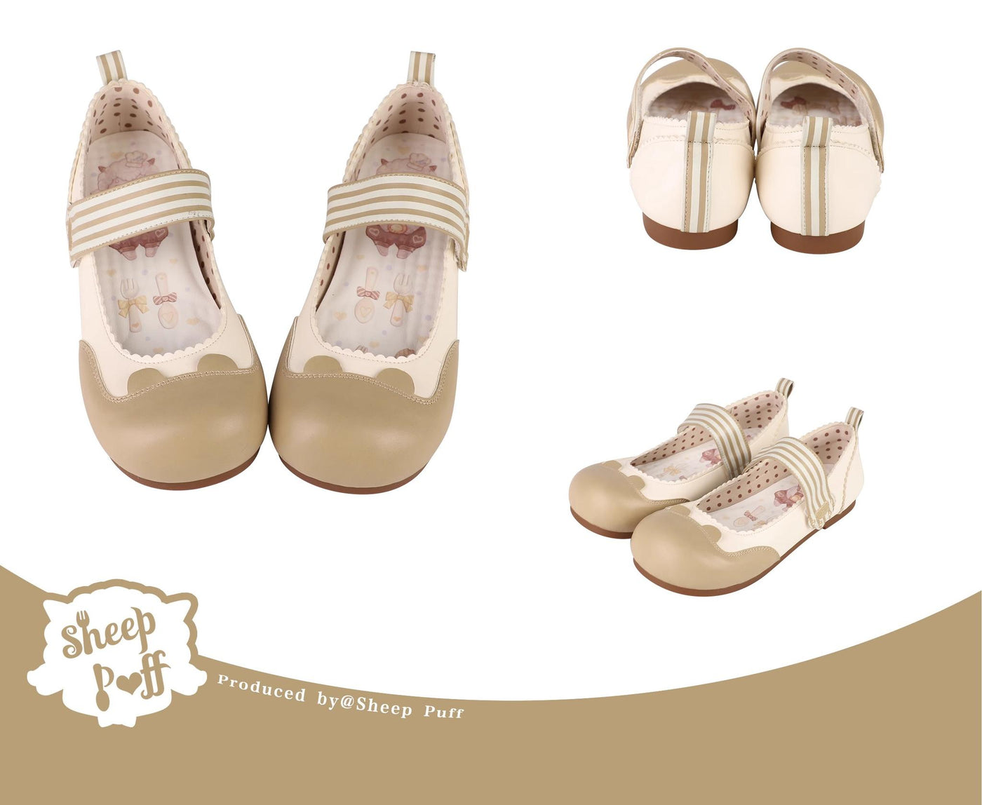 Sheep Puff~Bear Candy~Kawaii Lolita Flat Shoes Velcro Shoe 35 Milk khaki 