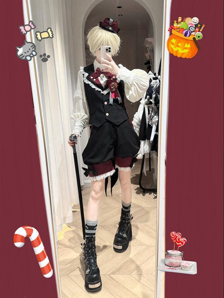Candy Shop - Ouji Lolita Vest Set, Ruffle Hem Bow Shorts 45061:832831