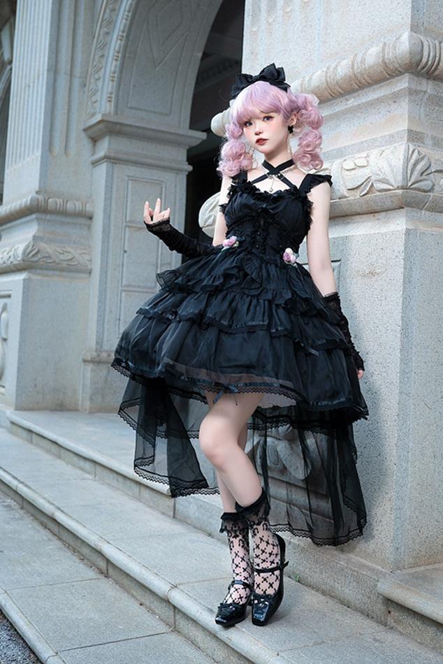 Ballet Maiden - Classic Lolita Four-tiered Hem JSK Dress with Rose Details Black JSK Only S