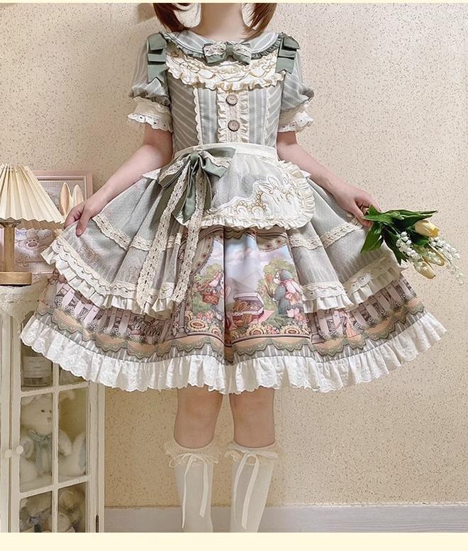 Honey Machine~Sunflower Rabbit~Kawaii Lolita OP Set with Bunny Prints and Hairband OP (includes apron + waistband + detachable bow) S