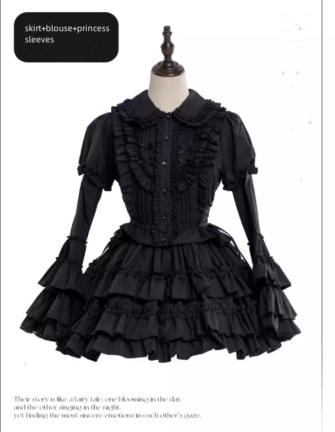 Mewroco~Nightingale and Rose~Gothic Lolita Dress Princess Sleeve Blouse and Skirt Set S black skirt set (skirt+blouse+a pair of princess sleeves) - polyester and cotton version 