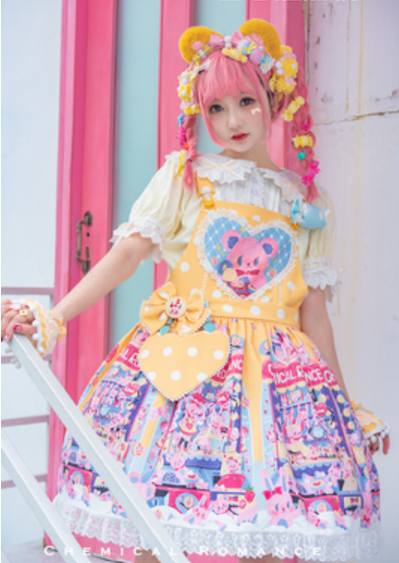 Chemical Romance~Sweetheart Doll Machine~Sweet Lolita Printed Salopette S with lace yellow