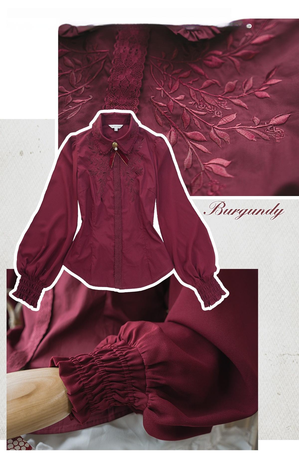 Surface Spell - Ship to Wonderland - Classic Lolita Shirt With Vine Embroidery/Brooch Dark Burgundy - in stock S