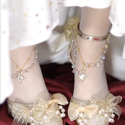 A Flying Rabbit~Song of Dawn~Golden Bride Lolita Handmade High Heels 33 gold 8cm with shoe chain 