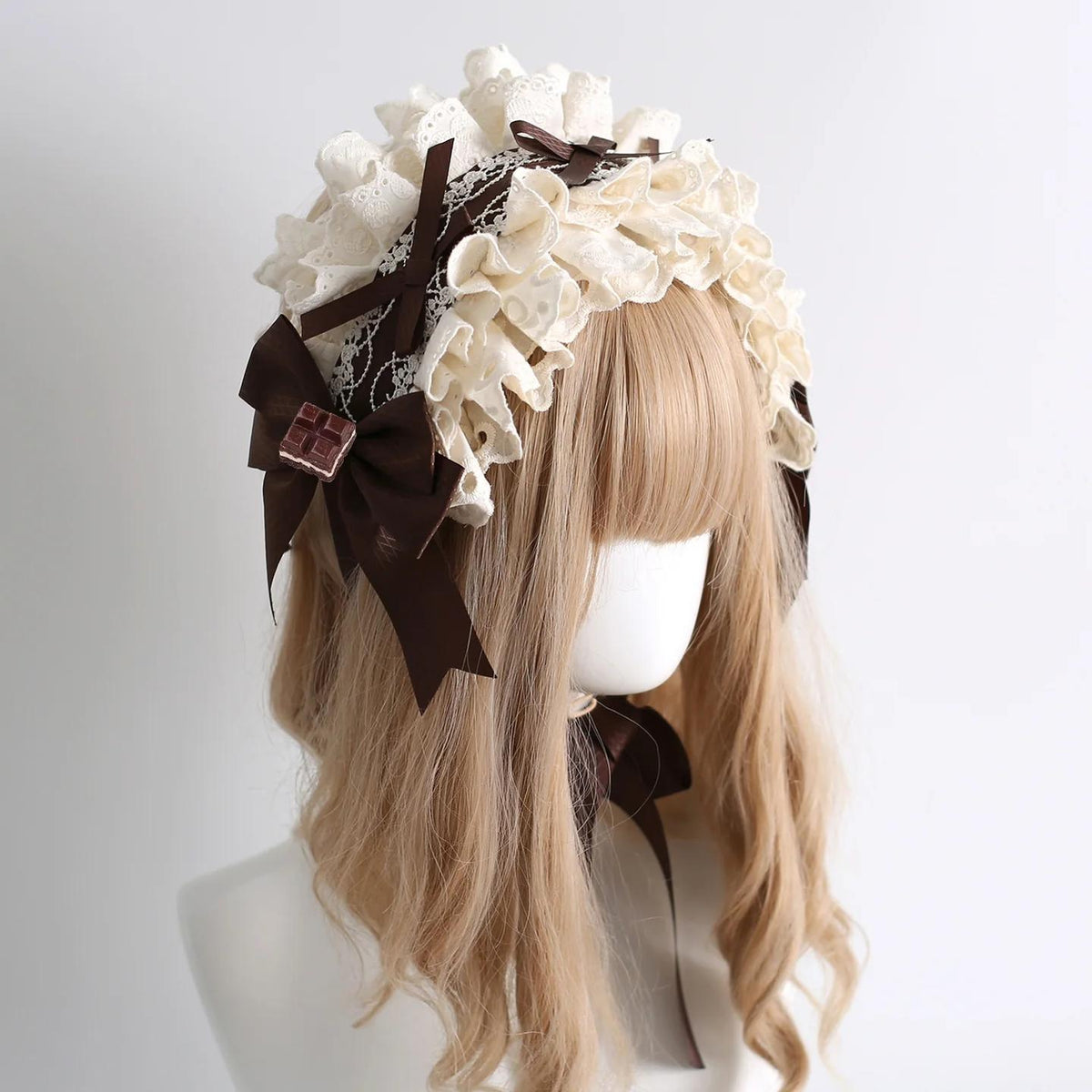 Coffee Brown Kawaii Lolita Hairband Accessory Set, Lace & Bear Ears 46088:874532