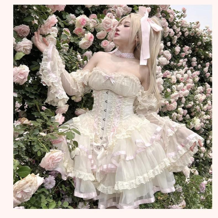 Diamond Honey~Sweet Dream Ribbon~Sweet Lolita Dress Ballet Ribbon Romantic Dress Set S Skirt + inner cloth +detachable sleeves 