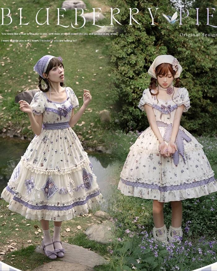 (BFM)Strawberry Fantasia~Blueberry Pie~Country Lolita OP Short Sleeve Floral Printing Dress   