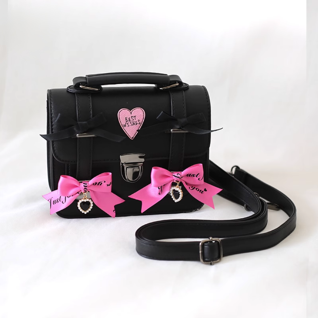 Xiaogui~Sweet Lolita Cross-Body Bag College Style Shoudler Bag Black rose red(with adjustable shoulder straps)  