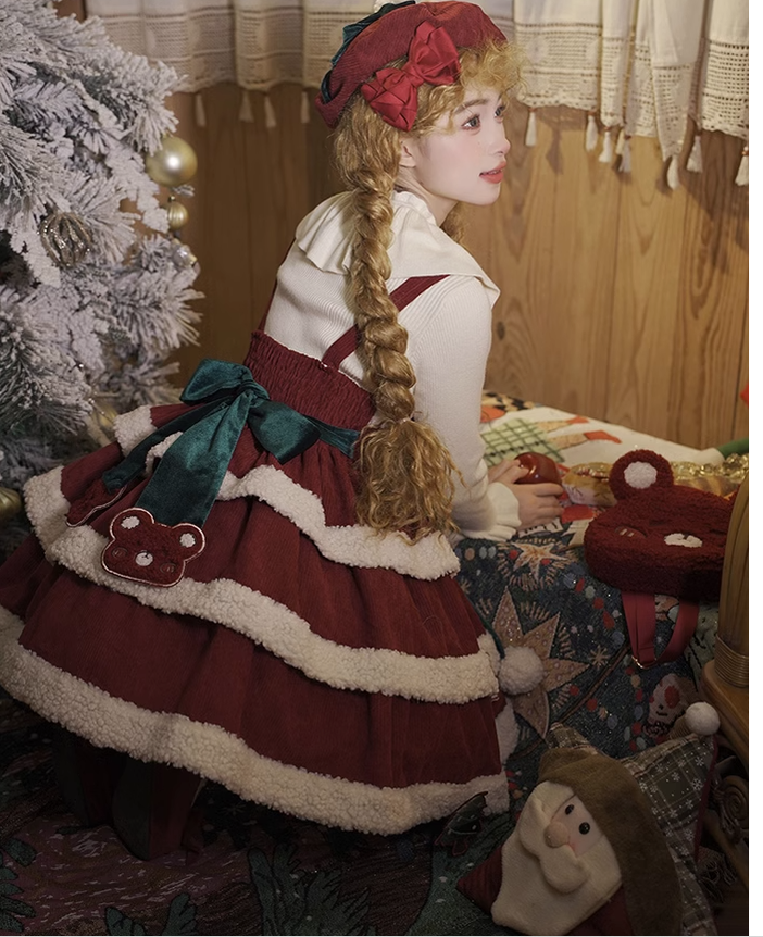 Alice Girl~Lolita Gingerbread Bear~Christmas Lolita Dress Red Jumper Dress   