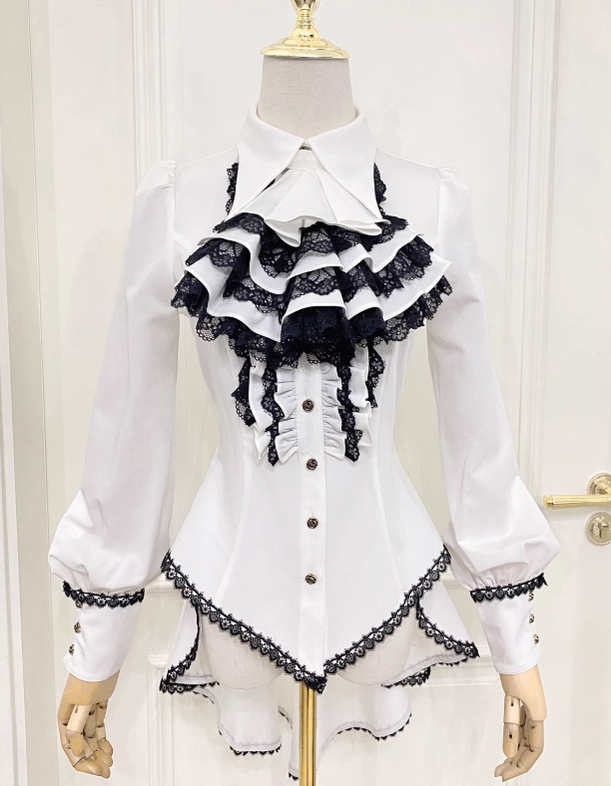 Little Dipper~Gothic Lolita Long Sleeve Shirt Long Blouse S Off-white shirt with black lace (pre-order) bow tie not included 