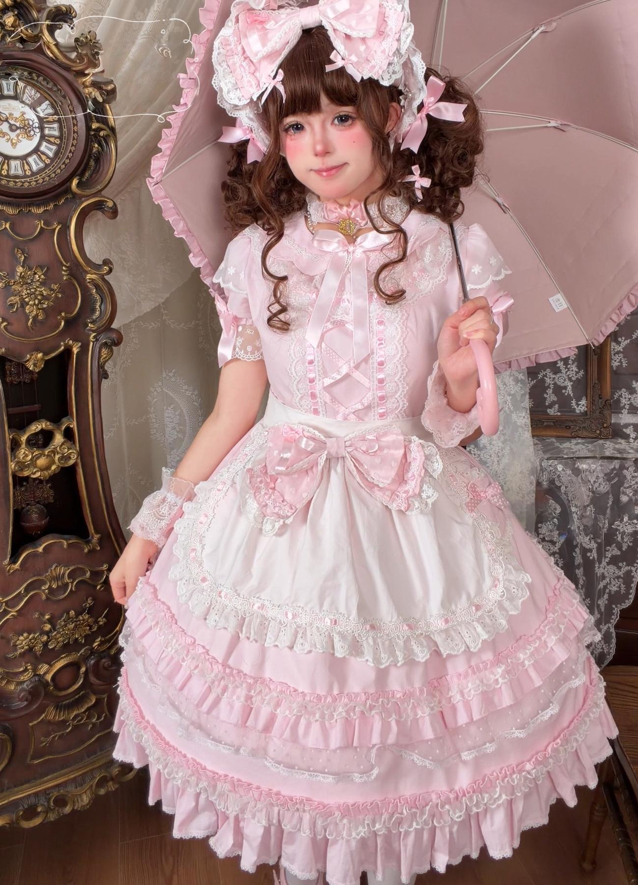 Petal Pastry Chef - Old School Lolita OP Dress with Back Rabbit Ear OP + Waist Tie + 2 Detachable Bows S