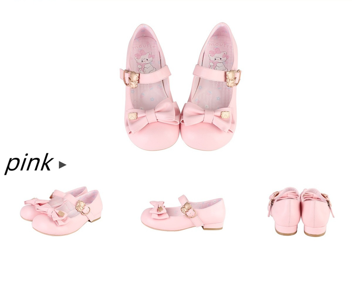 Sheep Puff~Mikko Hug~Sweet Lolita Shose Round Toe Lolitta Heels Butterfly Bow 34 Pink low heels 