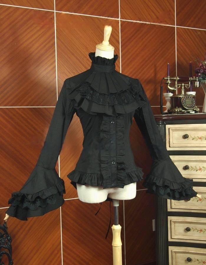 Lace Garden~Dark Angel~Gothic Lolita Shirt with Long Sleeve and Ruffled Long Tail Black S