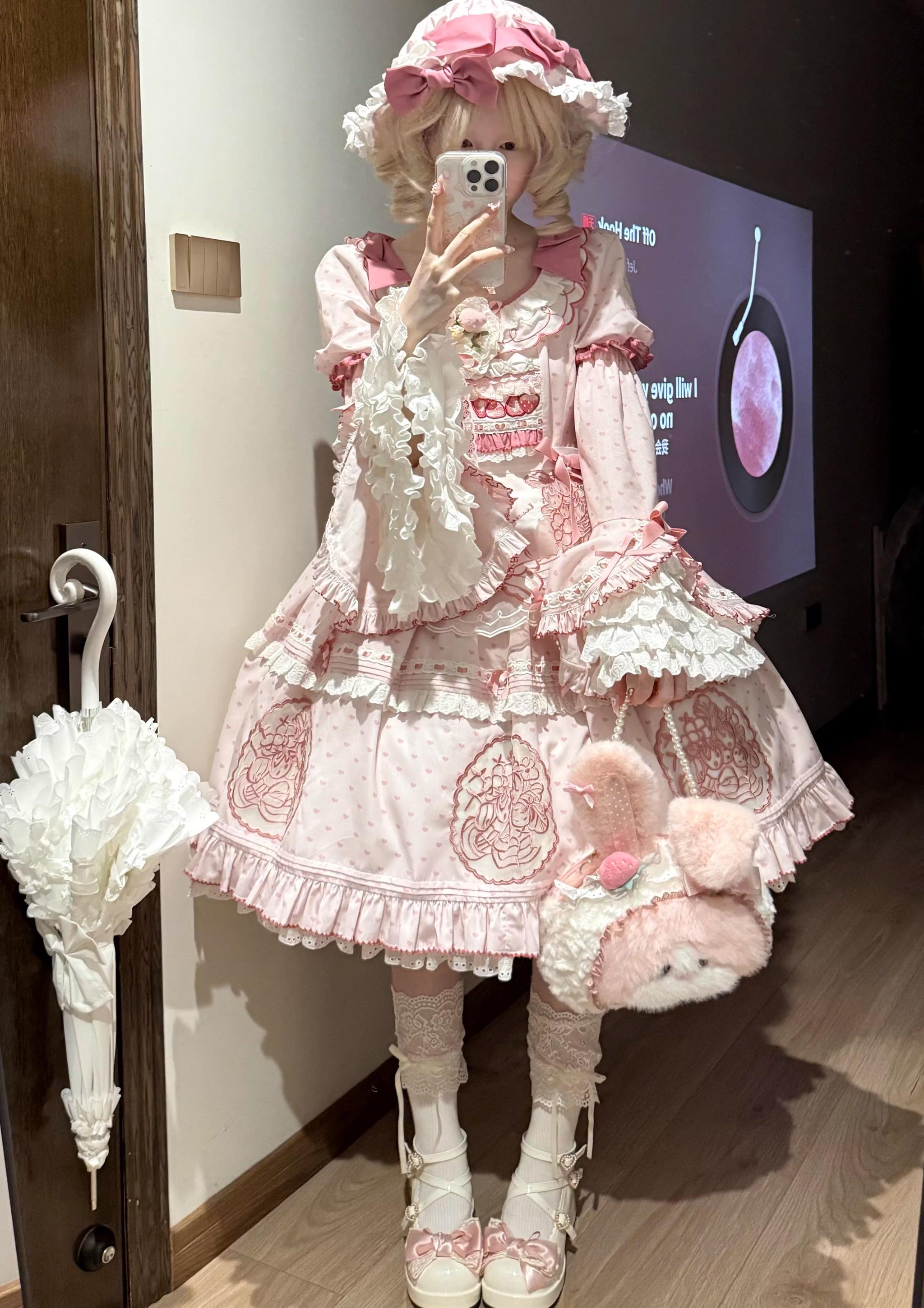 中華ロリィタ WalnutDeer PolkaDotStrawberry 3点 Embroidered Sweet Lolita OP Dress, Polka Dot