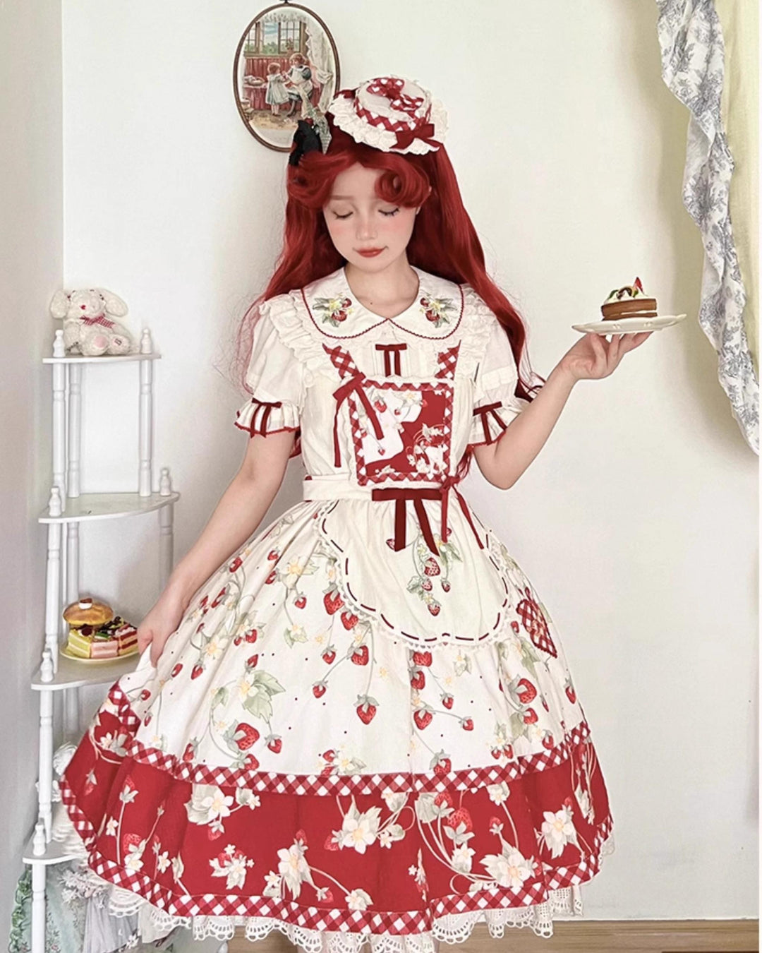 Baozizhu~Sweet Lolita Shirt Strawberry Embroidery Ivory Blouse   