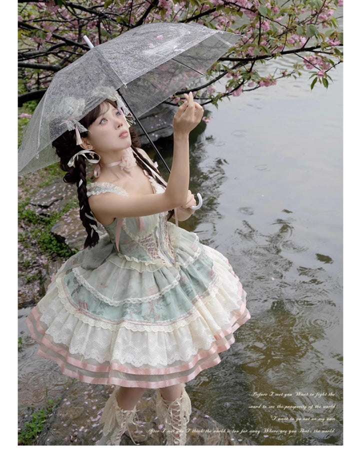 Honey Machine~Waltz for Dance~Sweet Lolita JSK Green Tiered Hem Dress and Blouse Set   
