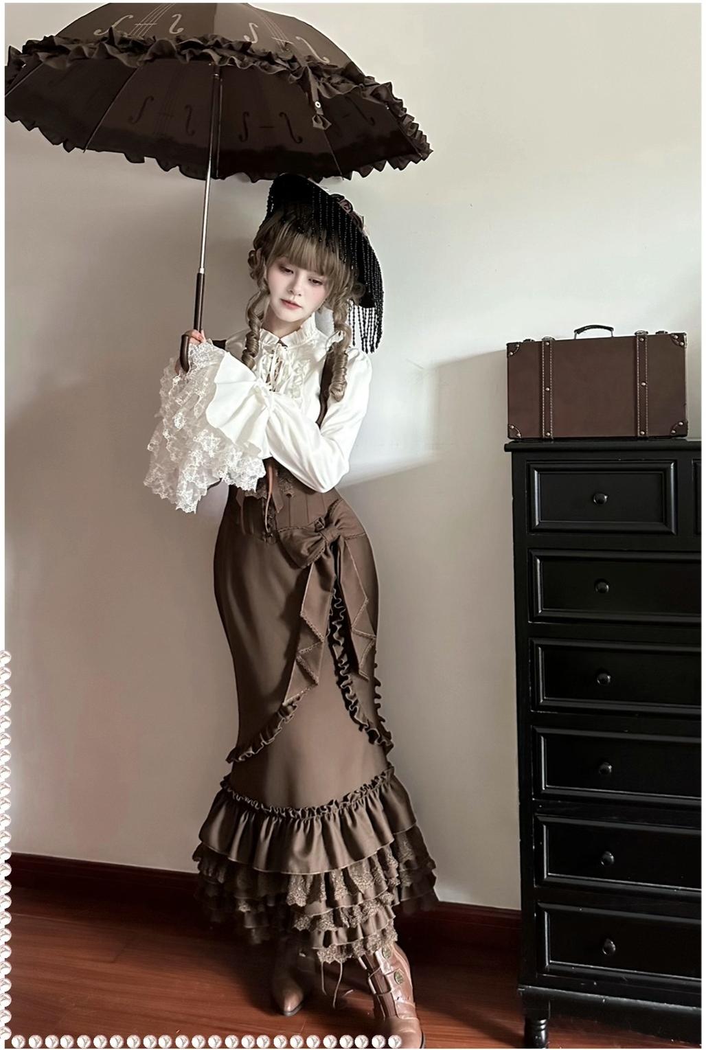 Miss Winnie - Gothic Lolita Blouse & Mermaid JSK Dress Set, Ruffle Lace Hem 46027:872883