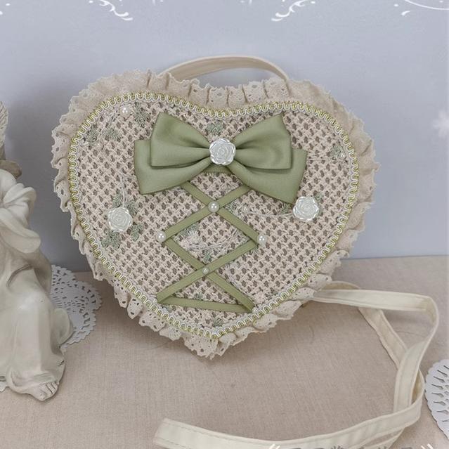 Cocoa Jam~Sweet Lolita Handbag Handmade Woven Heart Shape Crossbody Bag Grass green - long PU leather strap + pearl long chain  