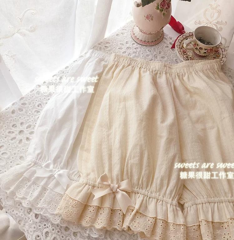 Elastic Waist Lolita Cotton Bloomers, Ruffled Leg Hem 45846:864740