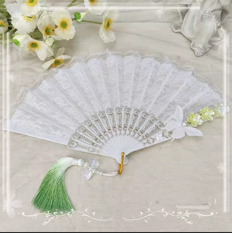 Cocoa Jam~Han Lolita Fan Decorative Folding Fan with Butterfly and Flowers Tassel yellow-green  