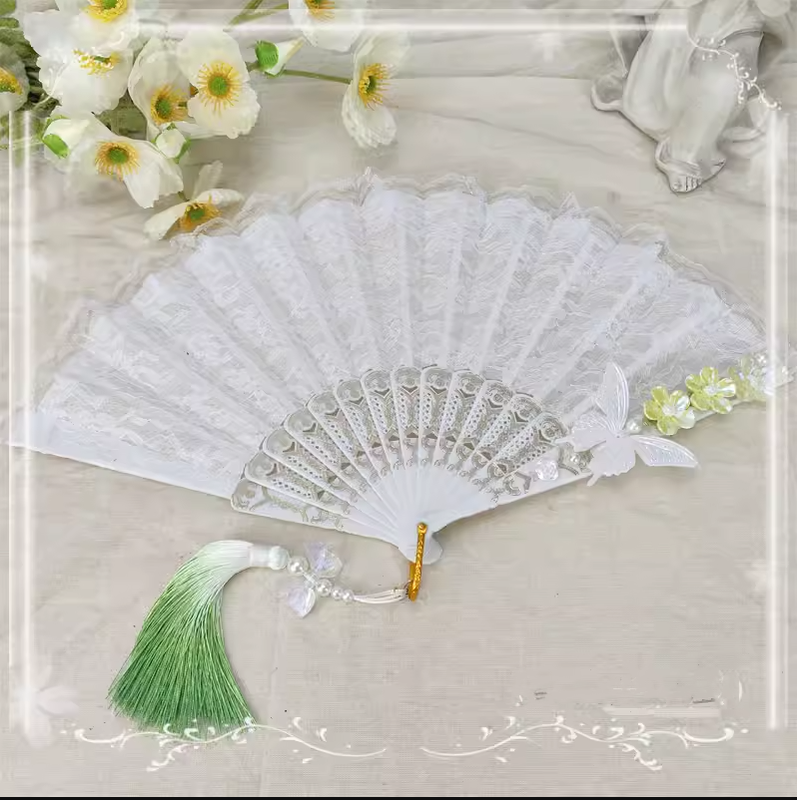 Cocoa Jam - Han Lolita Fan Decorative Folding Fan with Butterfly and Flowers Tassel yellow-green