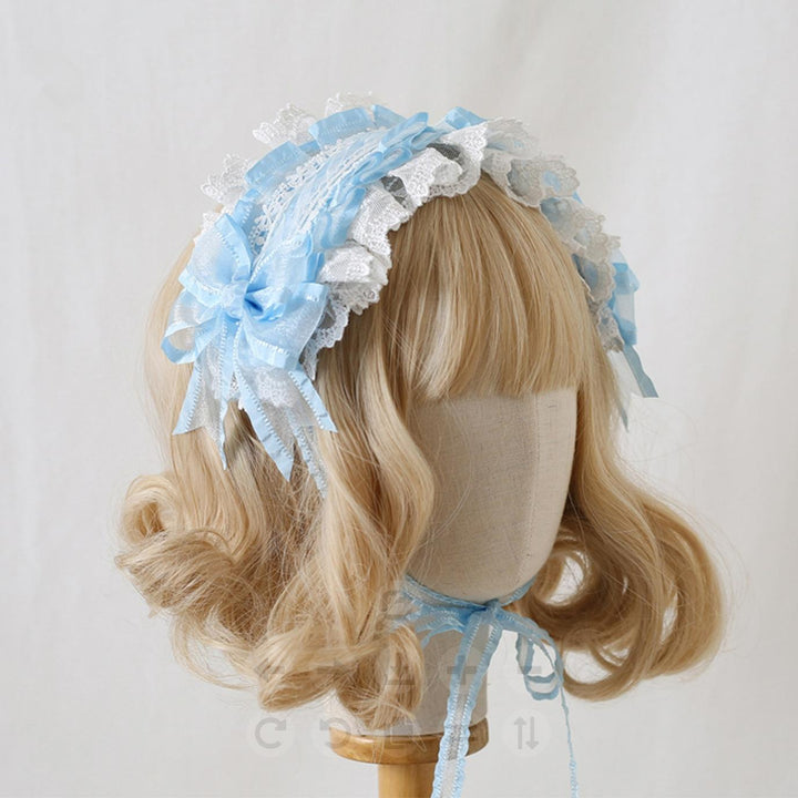 Xiaogui~Mood Limited~Elegant Lolita Headdress Bow Lace KC light blue (white lace)