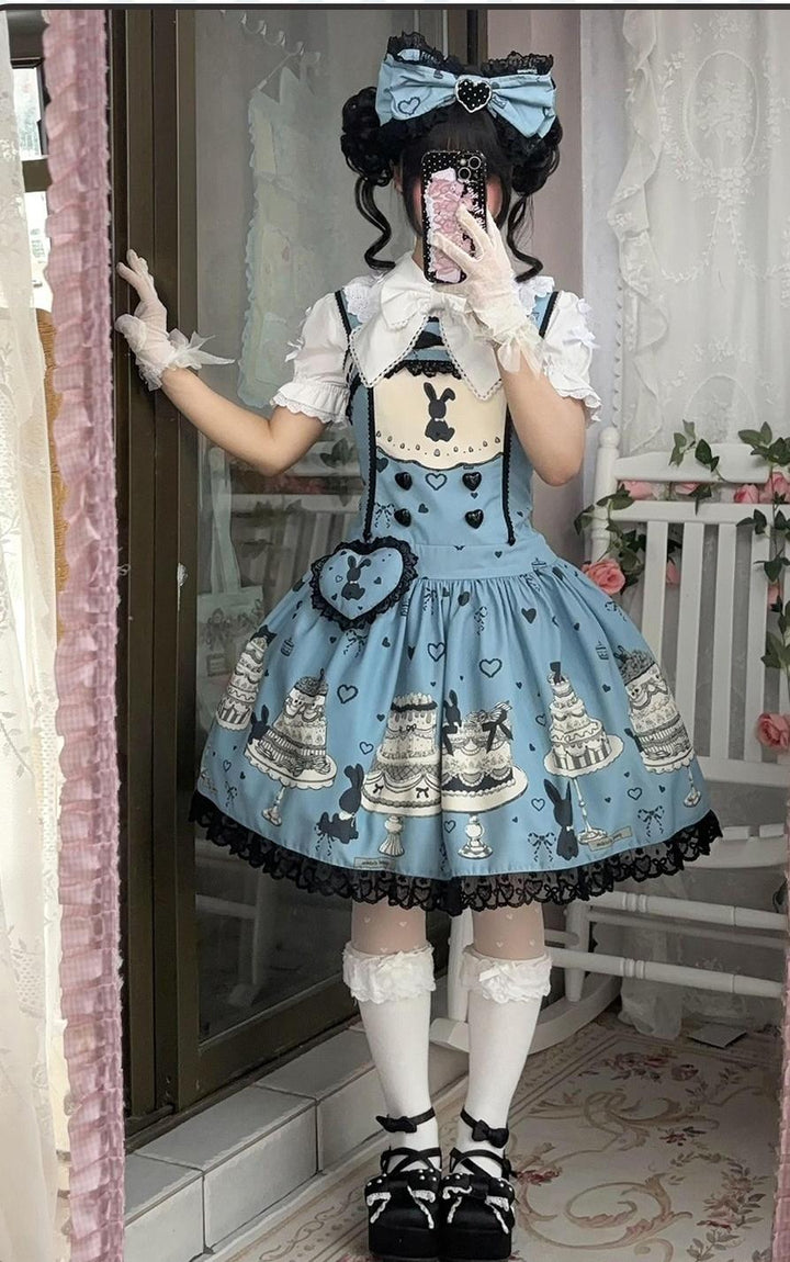 Sweet Dream Sheep - Cake Bunny - Blue Sweet Lolita Dress, Bunny&Cake Print