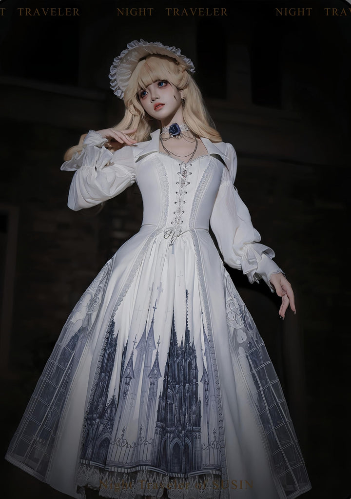 Susin Lolita~Night Traveler~Gothic Lolita Skirt Outfit Long Coat Shirt and Bustier Set