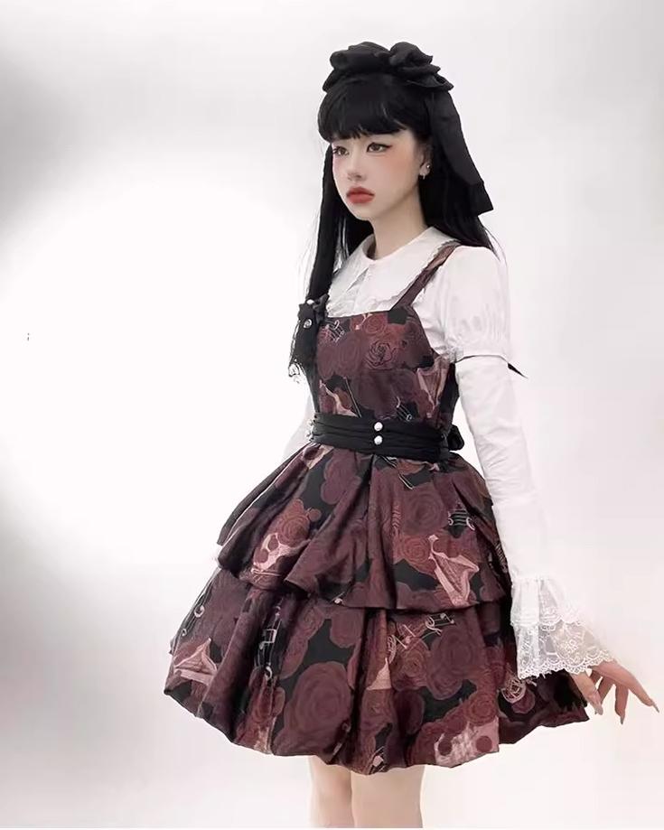 CastleToo~Faded Rose~Gothic Lolita Dress Floral Print Salopette White Short Sleeve Shirt   