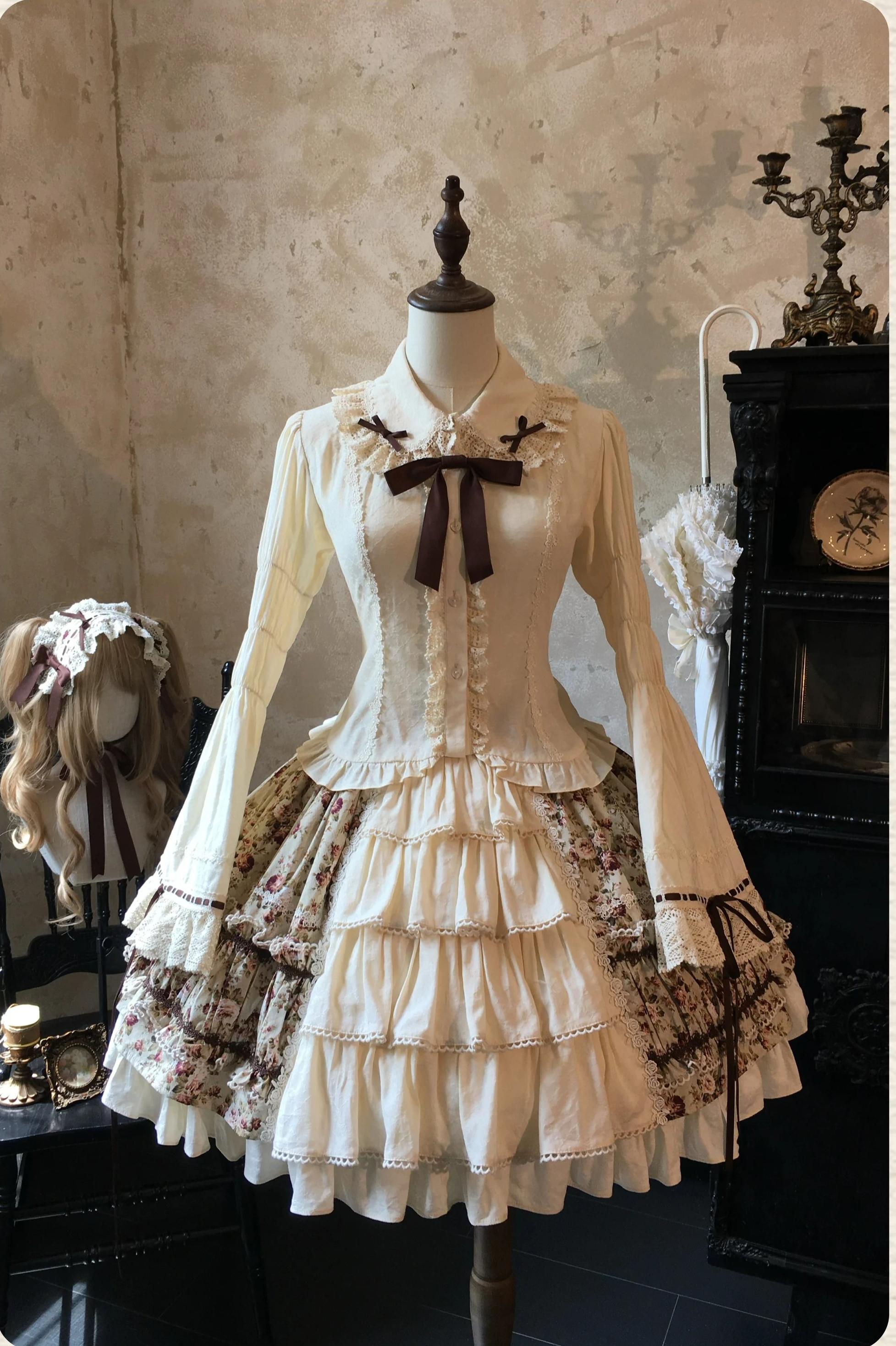 Old Rose Garden - Cotton Old School Lolita Top & Skirt Set, Floral Print (Brown / L M S XL XS) 45886:866836