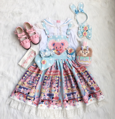 Chemical Romance~Sweetheart Doll Machine~Sweet Lolita Printed Salopette S with lace light blue