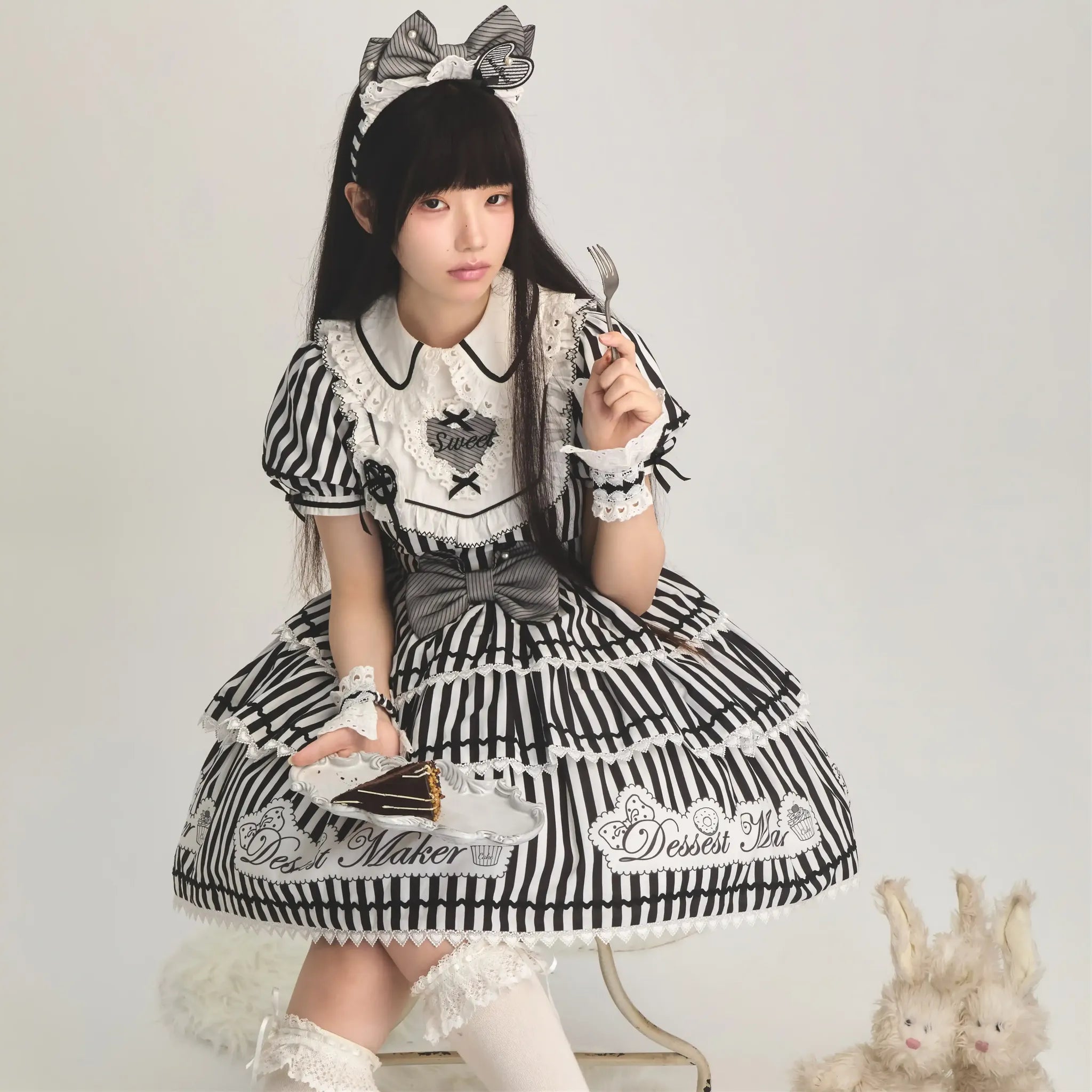 Sweet Butler - Maid Lolita Striped OP Dress, Embroidered Collar 45379:851124