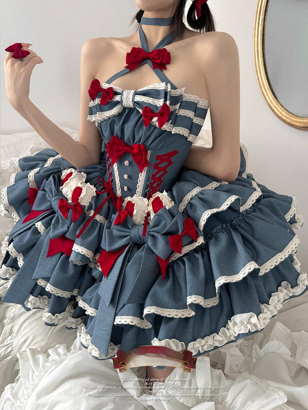 POSHEPOSE~First Cherry Rabbit~Sweet Lolita Dress Halter Neck Jumper Dress and Cardigan 41668:711924