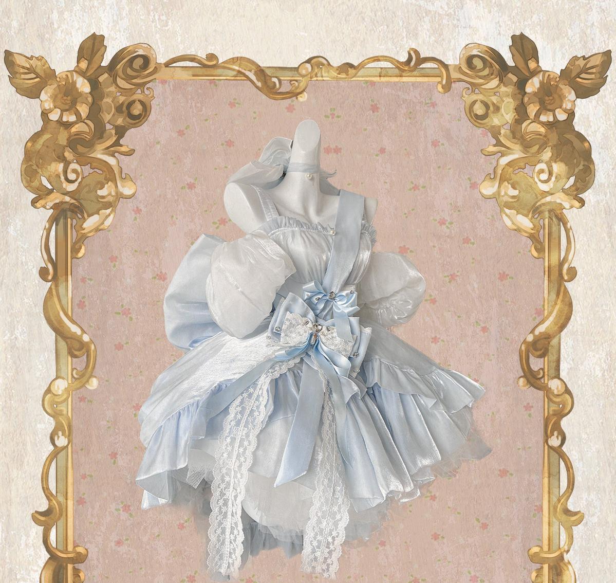 POSHEPOSE~Elegant Lolita Jumper Dress Chiffon Dress High-end XS Blue dress set (including bubble sleeves and shawl) 