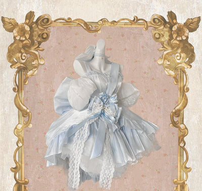POSHEPOSE~Elegant Lolita Jumper Dress Chiffon Dress High-end XS Blue dress set (including bubble sleeves and shawl) 