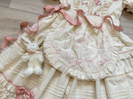 Seventh Puppet~Cream Waffle~Sweet Lolita Doll Sense Dress S pink apron 