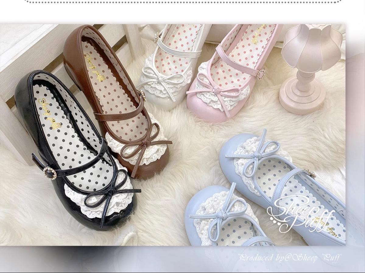 Sheep Puff~Little Leila~Daily Lolita Lace Round Toe Flat Shoes Multicolors   
