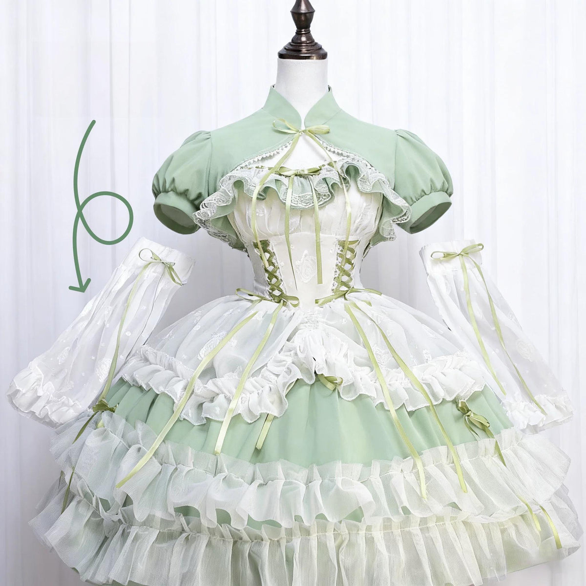 Toting Basil - Plus Size Wedding Lolita Dress Set, Green Bridal (2XL 3XL 4XL L M S XL) 37156:874709