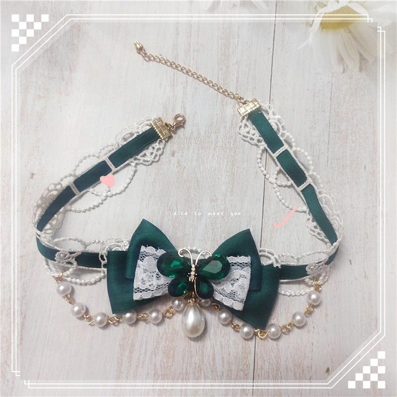 MoXiaoqing Handmade~Elegant Lolita HeaddressDark Green Butterfly Hair Accessory Choker Dark green butterfly adult collarbone chain (30cm+5cm)  