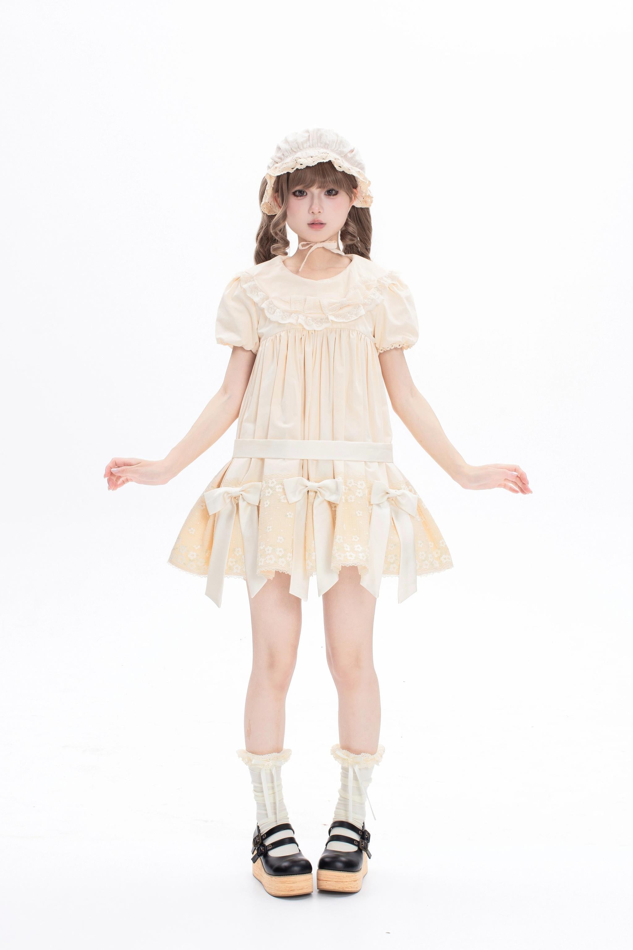 Fresh Tea Lolita - Meringue Frosting - Cotton Kawaii Lolita OP Dress with Satin Bow