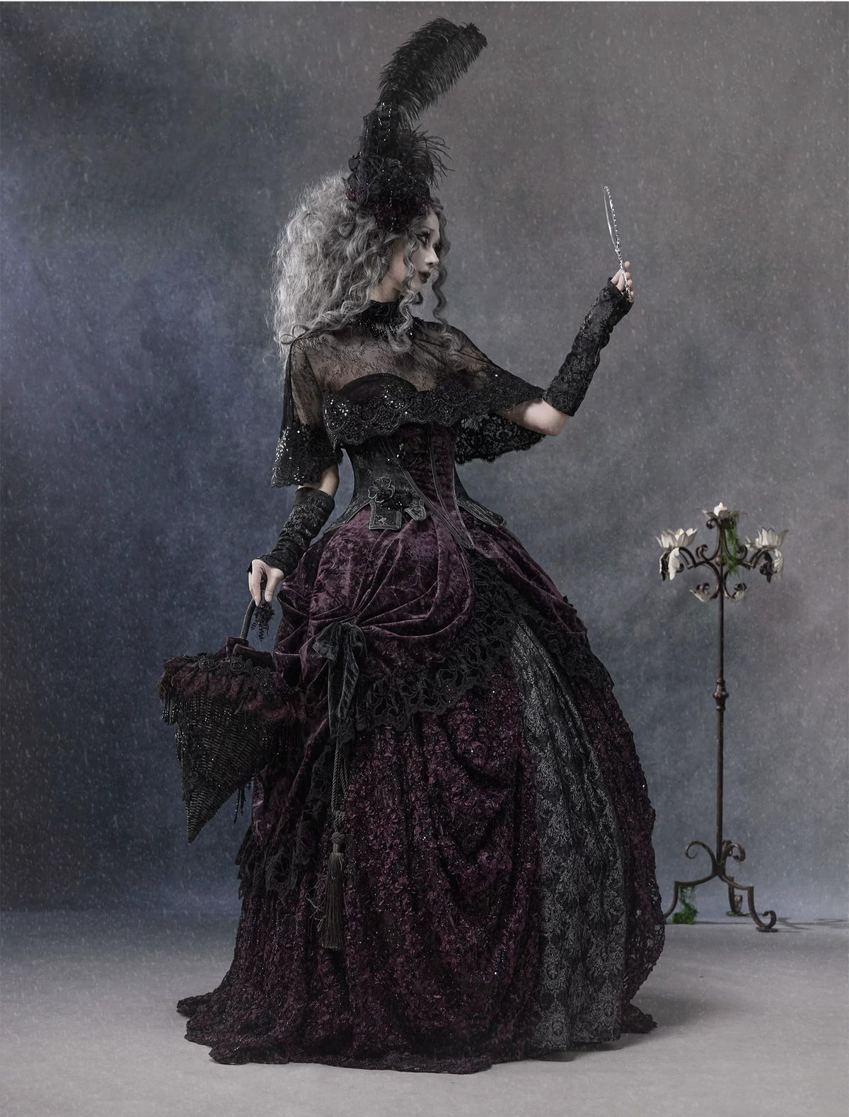 Undead's Gift - Halloween Gothic Lolita Draped Panel Skirt Set, 3D floral lace