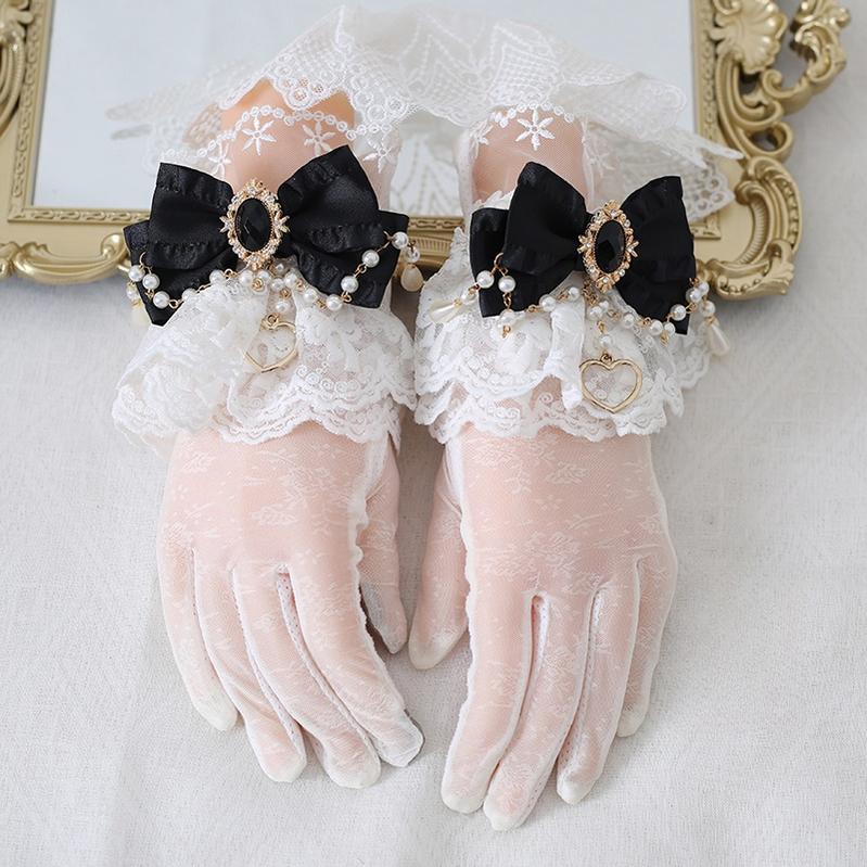 Xiaogui - Vintage Lolita Gloves Lace Bow Bead Chain Sunscreen Gloves black