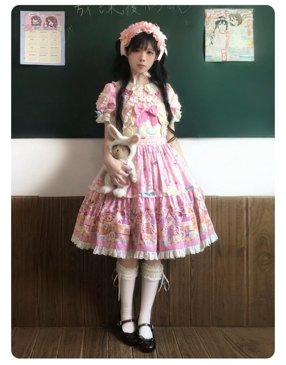 Bear Cake - Sweet Lolita JSK & OP Dress, Bear & Dessert Print 45755:860921