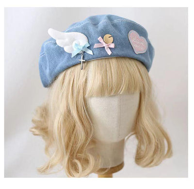 Xiaogui~Kawaii Lolita Beret Wings Denim Fabric Y2K Lolita Hat free size Winged Angel Berets 
