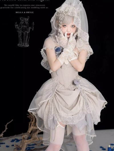 (Buyforme)Wuyuzhe~Hecate Ribs Gothic Lolita Tee JSK and Accessories free size gray full set(with two rose brooches) 
