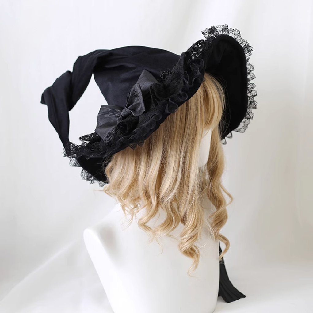 Xiaogui~Halloween Gothic Lolita Witch Hat Bow Velvet BNT Free Size (55-59cm) (Hat with Strap) Black (Velvet Pointed Witch Hat) 