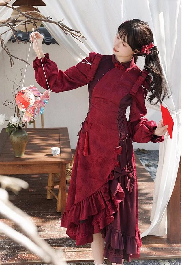 With PUJI~ShunSong~New Year Velvet Cheongsam Lolita OP Dress