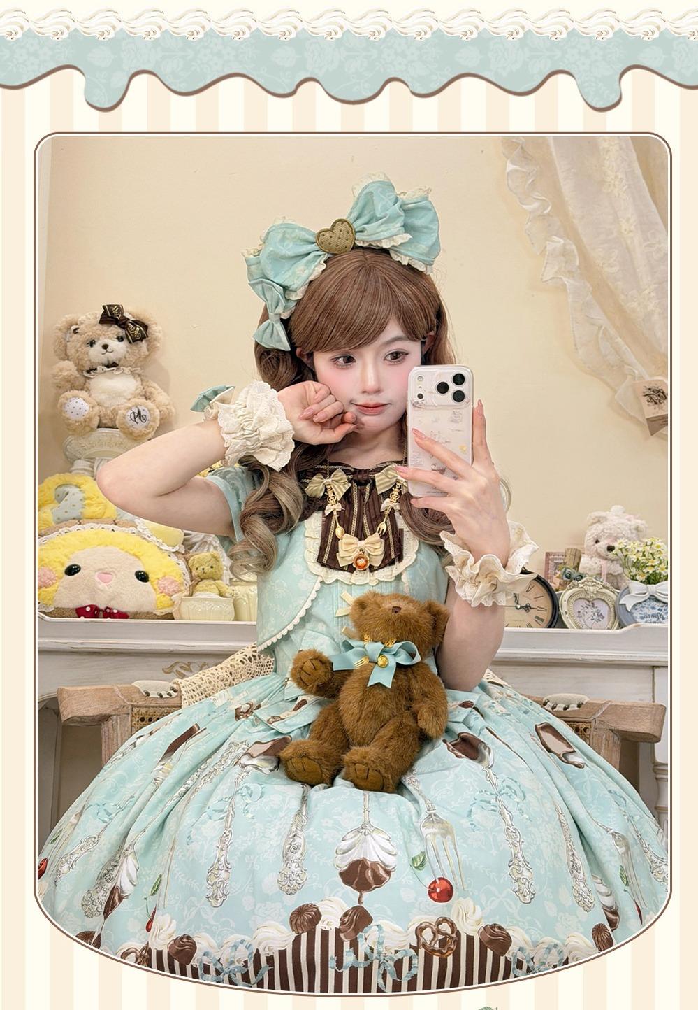 Dessert - Kawaii Lolita Sailor Collar OP Dress, Chocolate & Fork Print 44905:827106