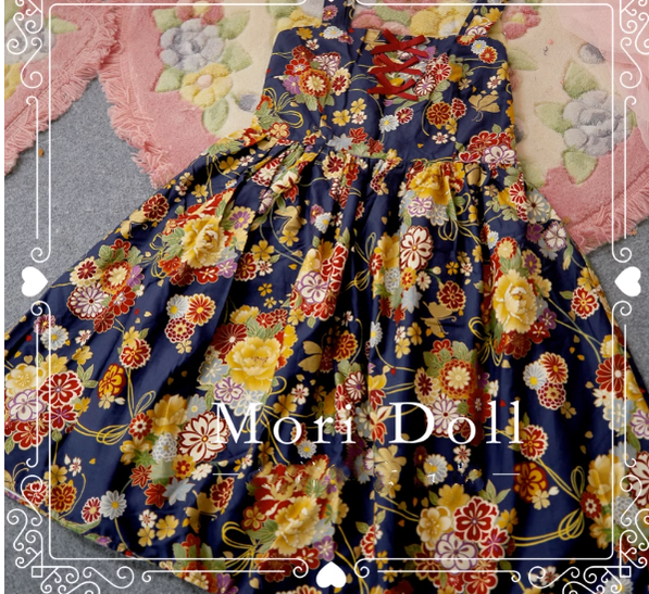 Mori Doll~Daily Lolita Colorful Patterns JSK Multicolors S navy blue Sakura Print 